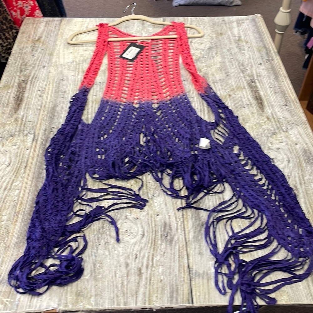 𝅺NWT VOCAL Crochet PURPLE & CORAL Hippie Vest L-XL